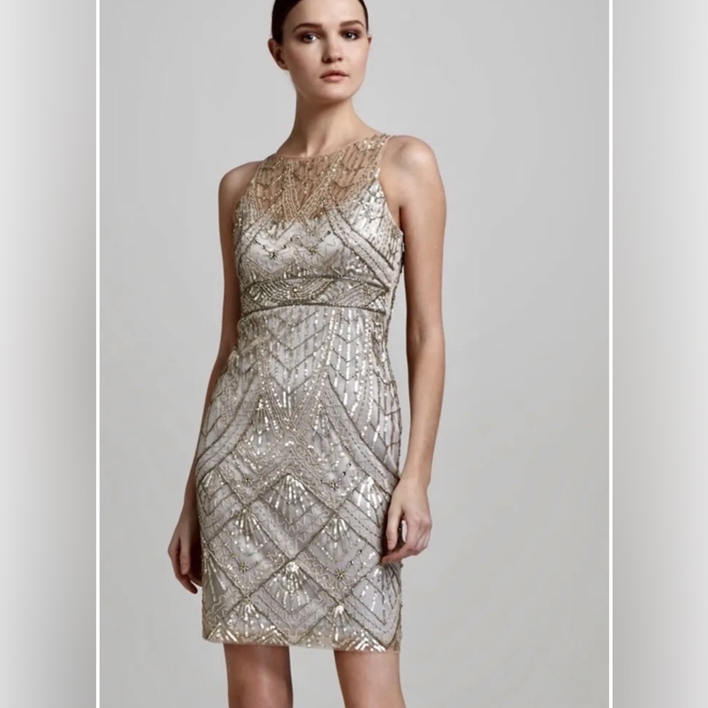 SUE WONG 4 Champagne Silver Sequin embellished beaded Cocktail formal dr…